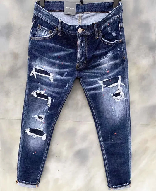 2024 Men's Ripped Jeans Luxury Brand Light Blue Holes Long Jeans