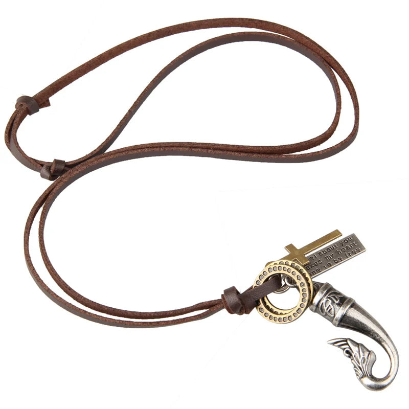 NIUYITID Vintage Fish Necklace & Pendant Men Long Leather
