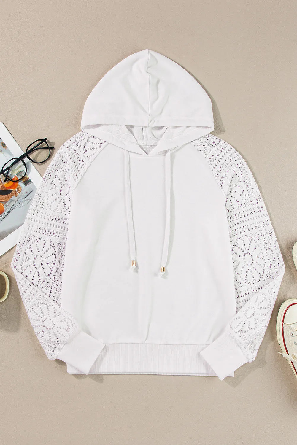 Drawstring Openwork Long Sleeve Hoodie